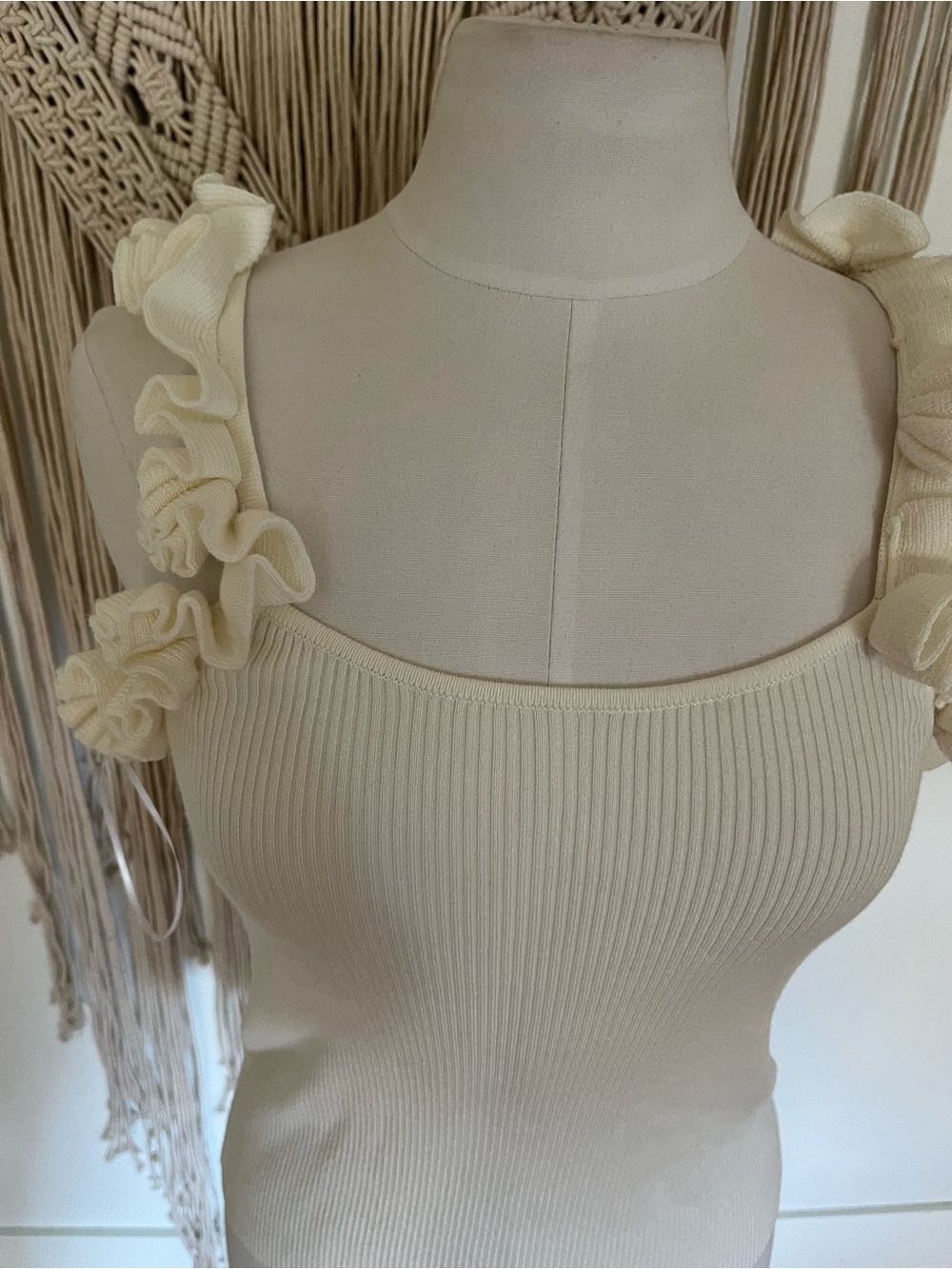 Camila Coelho Cream Ruffle Strap Ribbed Tank - Picture 2 of 11